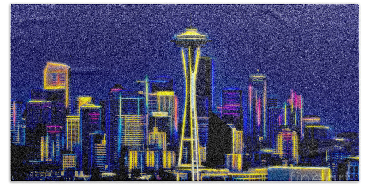 Skyline Beach Towel featuring the digital art Seattle in Neons Colors by Sal Ahmed