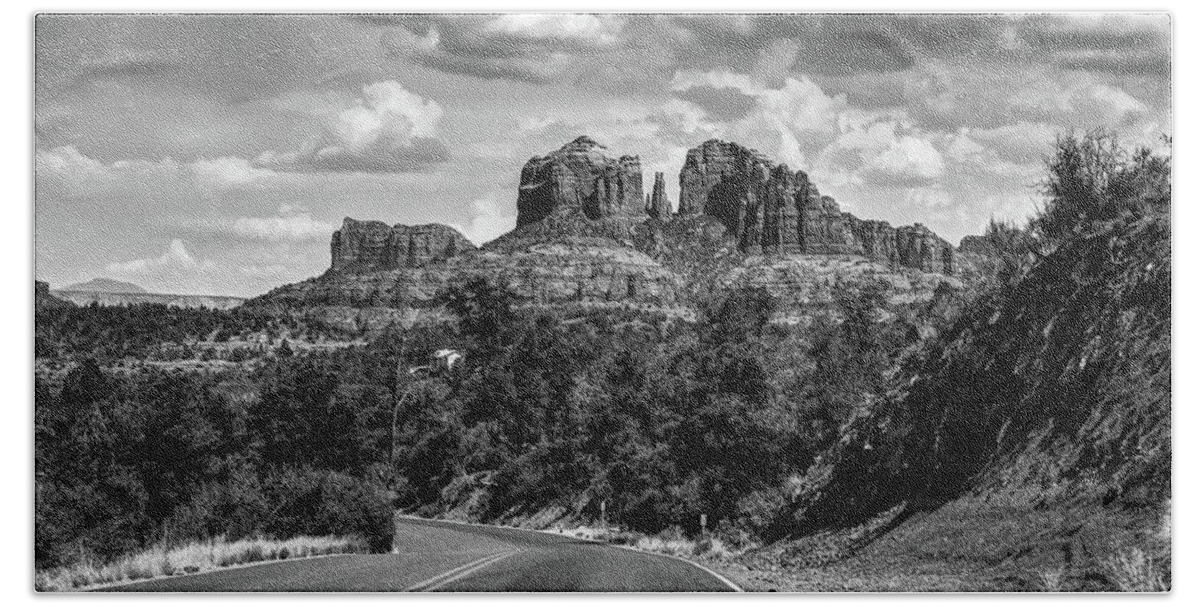 Sedona Cathedral Rock Beach Towel featuring the photograph Sedona Arizona Road to Cathedral Rock - Black and White Panorama by Gregory Ballos