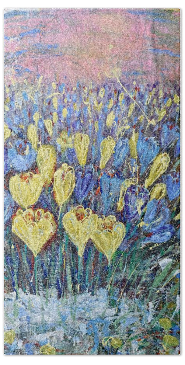 Crocuses. Flowers Beach Towel featuring the painting Seeking Energy by Evelina Popilian