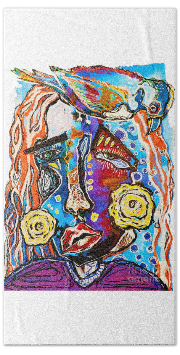 Picasso Beach Towel featuring the mixed media Self Reflection 2021 Bird Women by Joanne Herrmann
