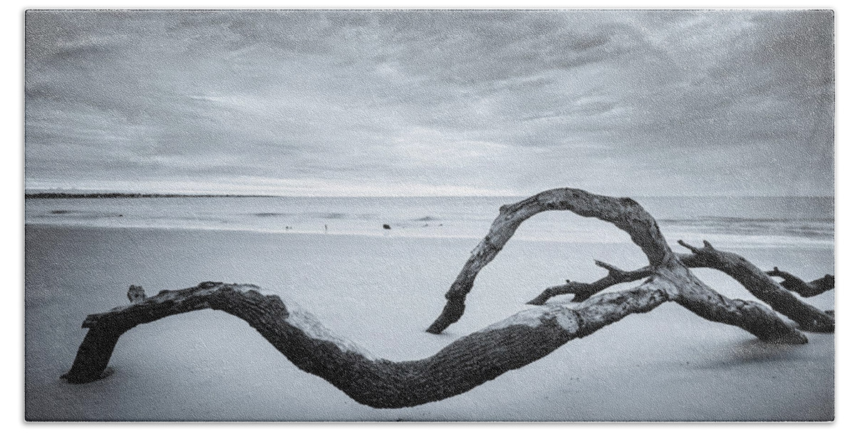 Driftwood Beach Beach Towel featuring the photograph Serene Driftwood Beach In Black And White by Jordan Hill