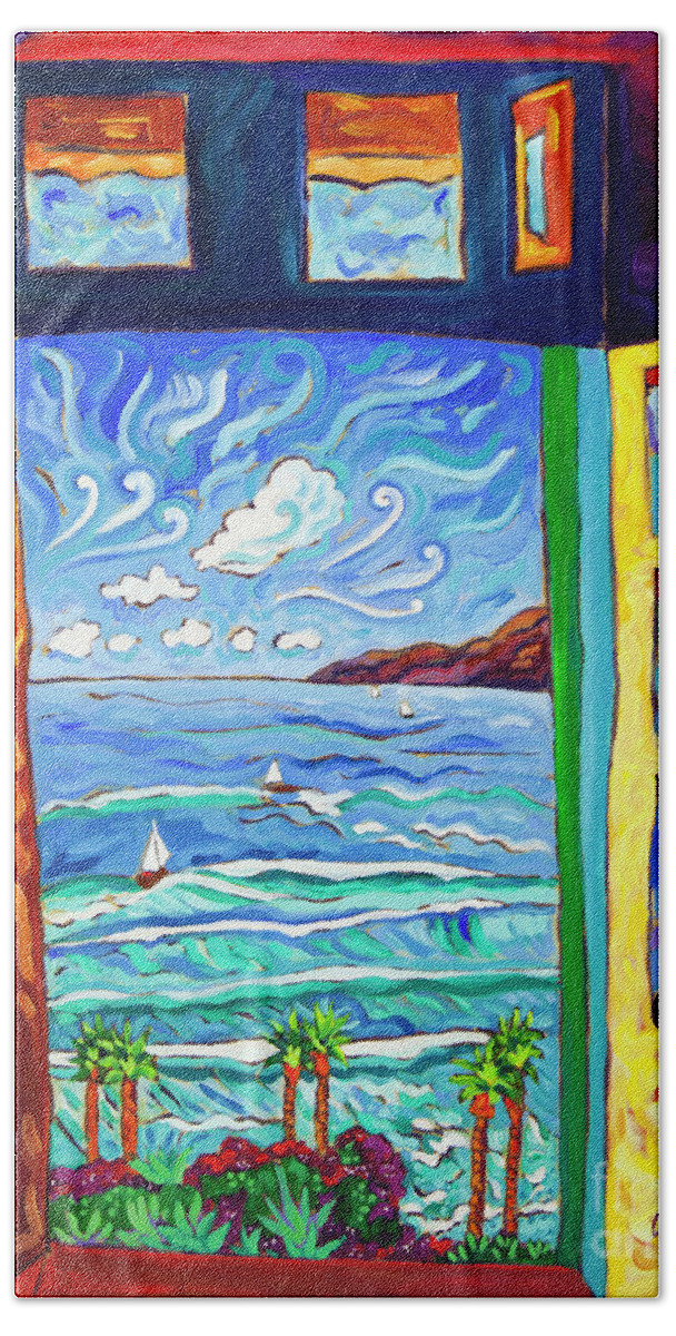 Window Beach Towel featuring the painting Serene Scene Sailing by Cathy Carey