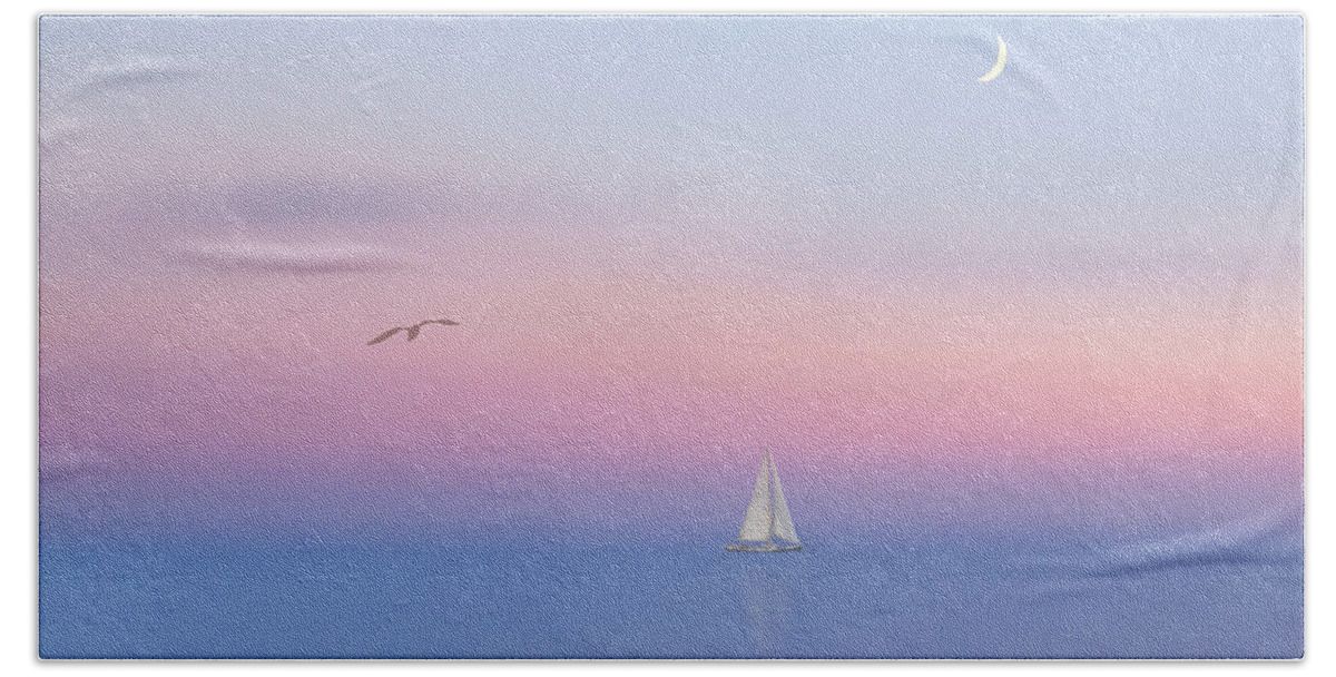 Sail Sunset Soft Gentle Calmness Serenity Relaxation Restful Triangles Moon Bird Landscape Scenery Seascape Ship Boat Beautiful Delicate Touching Emotional Impressionism Impression Alone Lonely Loneliness Solitude Delightful Romantic Fairy Poetic Magical Still Spiritual Nostalgic Inspirational Uplifting Blue Pink White Minimal Minimalist Minimalism Sailing Three Ocean Relax Sweet Dreamy Dream Timeless Foggy Misty Pleasing Appealing Painterly Artistic Watercolor Pastel Fantasy Peaceful Dawn Dusk Beach Towel featuring the photograph Serenity by Tatiana Bogracheva