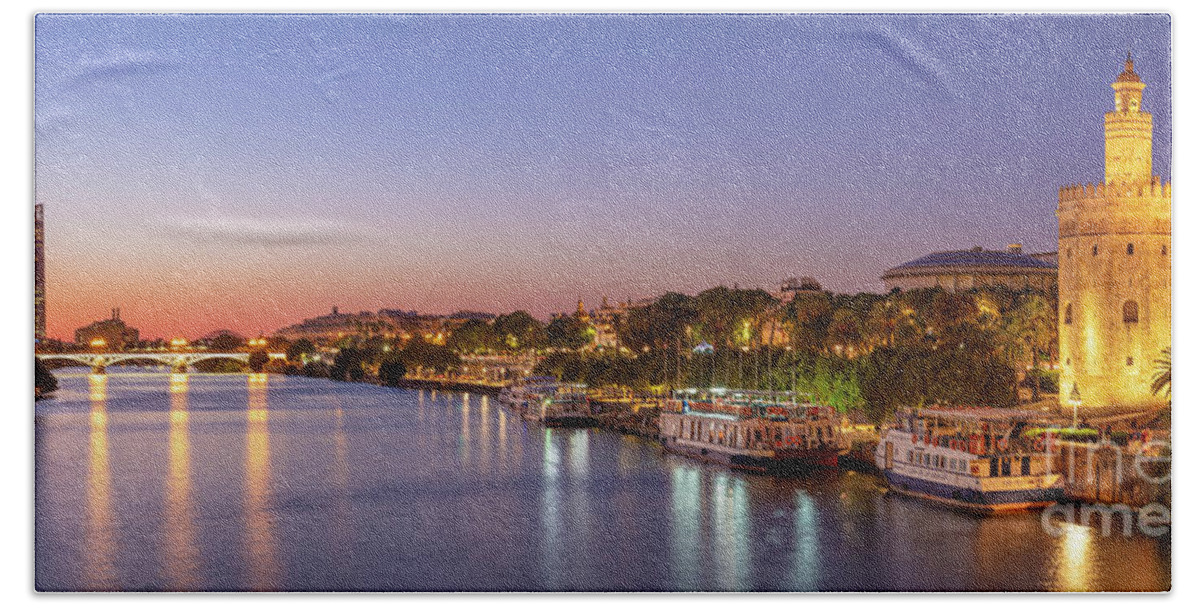 Spain Beach Towel featuring the photograph Seville Torre del Oro riverside at night by Neale And Judith Clark