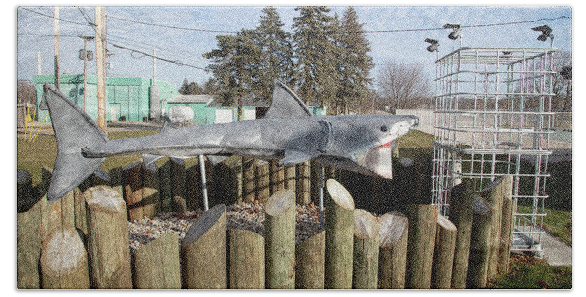 Americana Michigan Beach Towel featuring the photograph Shark headed into cage in rural Michigan by Eldon McGraw