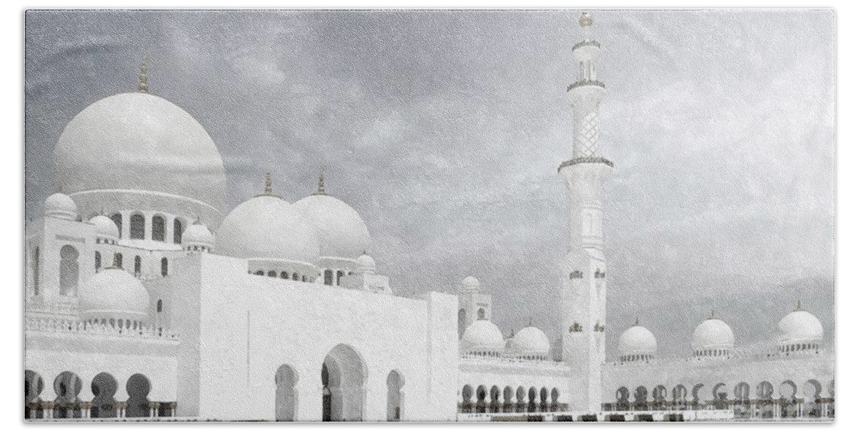 Abu Dhabi Beach Towel featuring the painting Sheikh Zayed Grand Mosque BW - Abu Dhabi UAE by Stefano Senise
