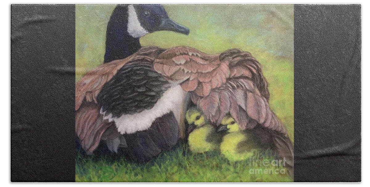 Waterfowl Beach Sheet featuring the painting Sheltering in Place by Susan Sarabasha