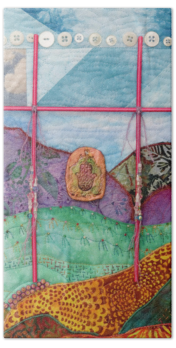 Fiber Art Beach Towel featuring the mixed media Shrine to Land and Sky G by Vivian Aumond