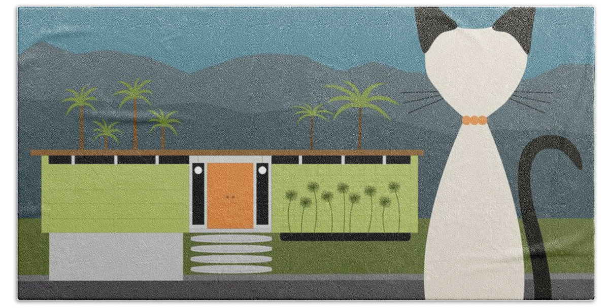 Mid Century Cat Beach Towel featuring the digital art Siamese Cat Admires Mid Century House by Donna Mibus
