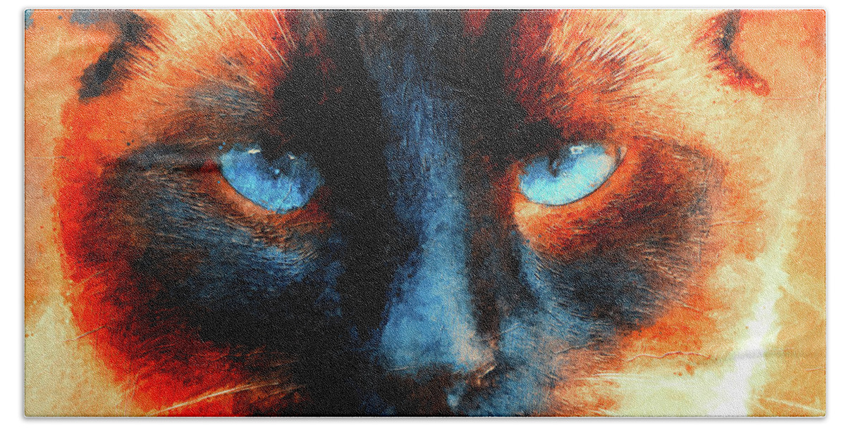 Siamese Cat Beach Towel featuring the digital art Siamese cat face close-up - blue and orange digital painting by Nicko Prints