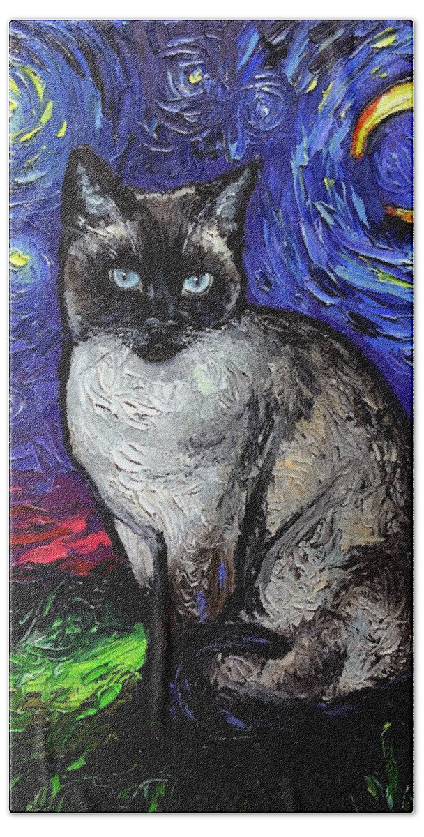 Siamese Cat Beach Towel featuring the painting Siamese Night by Aja Trier