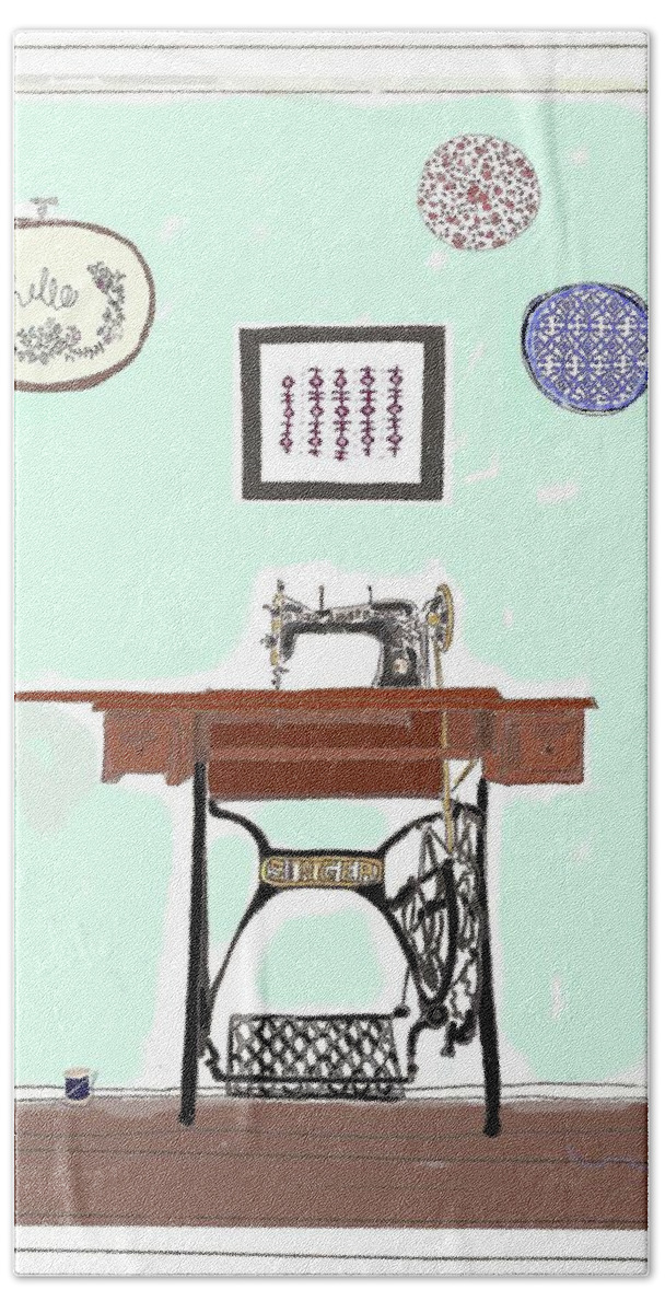 Line Drawing Beach Towel featuring the drawing Singer Sewing Machine Scene by Ashley Rice