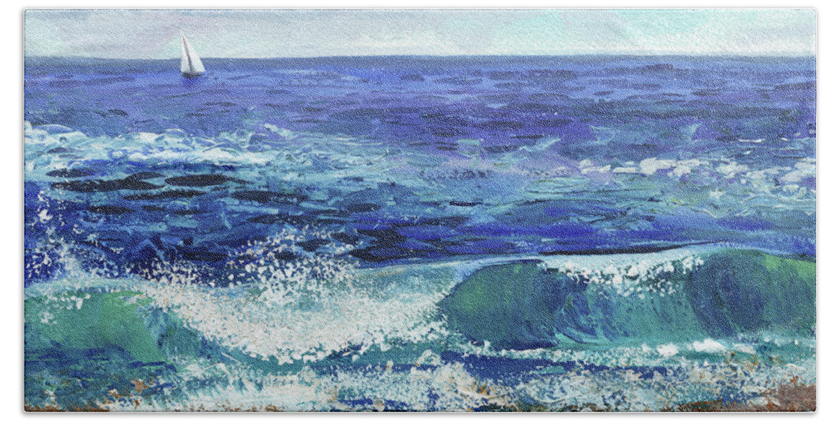 Wave Beach Towel featuring the painting Single Boat At The Ocean Shore Seascape by Irina Sztukowski