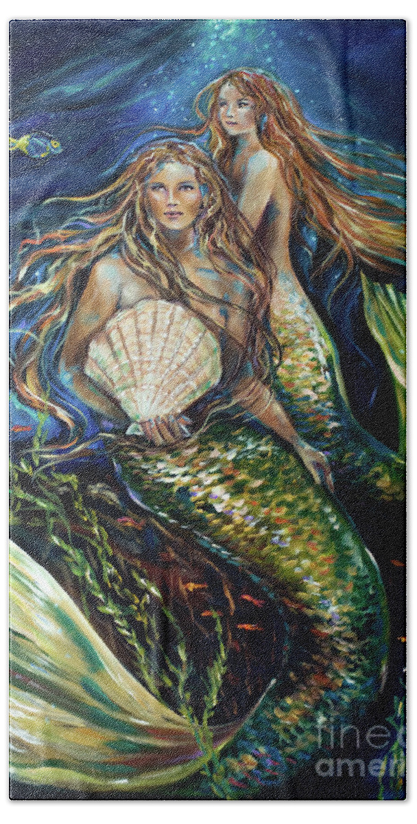 Mermaid Beach Towel featuring the painting Sisters by Linda Olsen