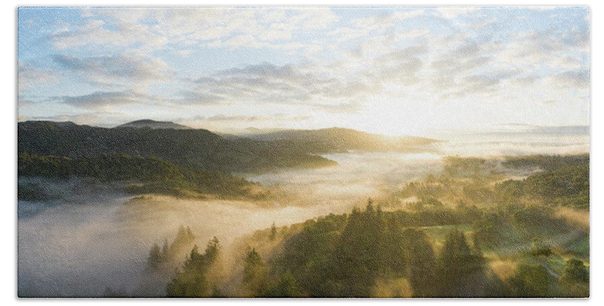 Panorama Beach Towel featuring the photograph Skelwith Bridge and Loughrigg Aerial. Sunrise Lake District England by Sonny Ryse