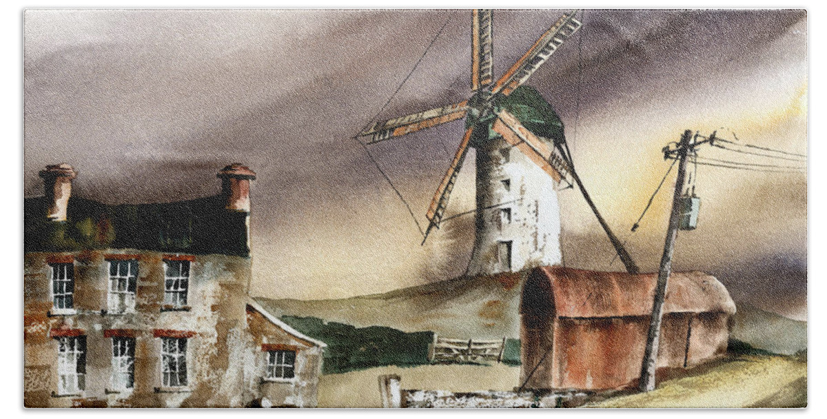  Beach Towel featuring the painting Skerries Windmill, Co. Dublin by Val Byrne