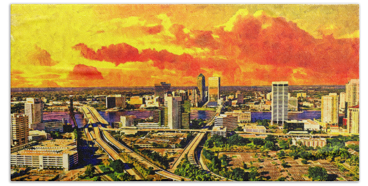 Downtown Jacksonville Beach Towel featuring the digital art Skyline of downtown Jacksonville at sunset - digital painting by Nicko Prints