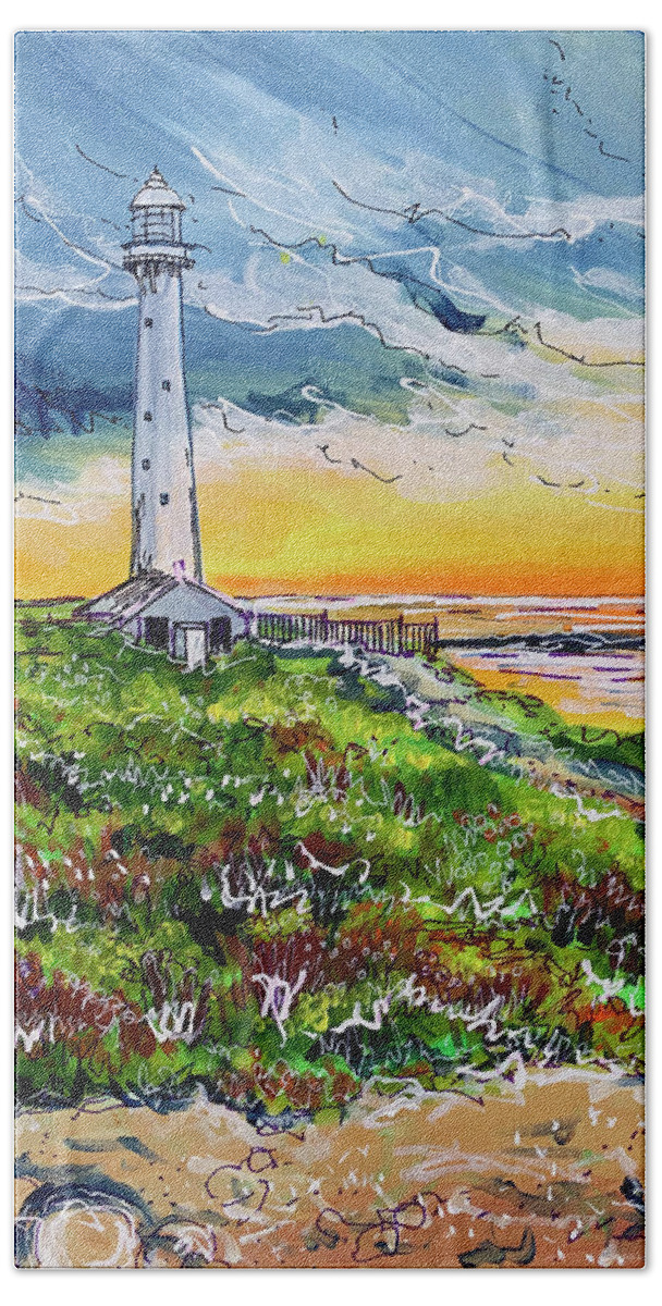 Slangkop Beach Towel featuring the painting Slangkop Lighthouse by Laura Hol Art