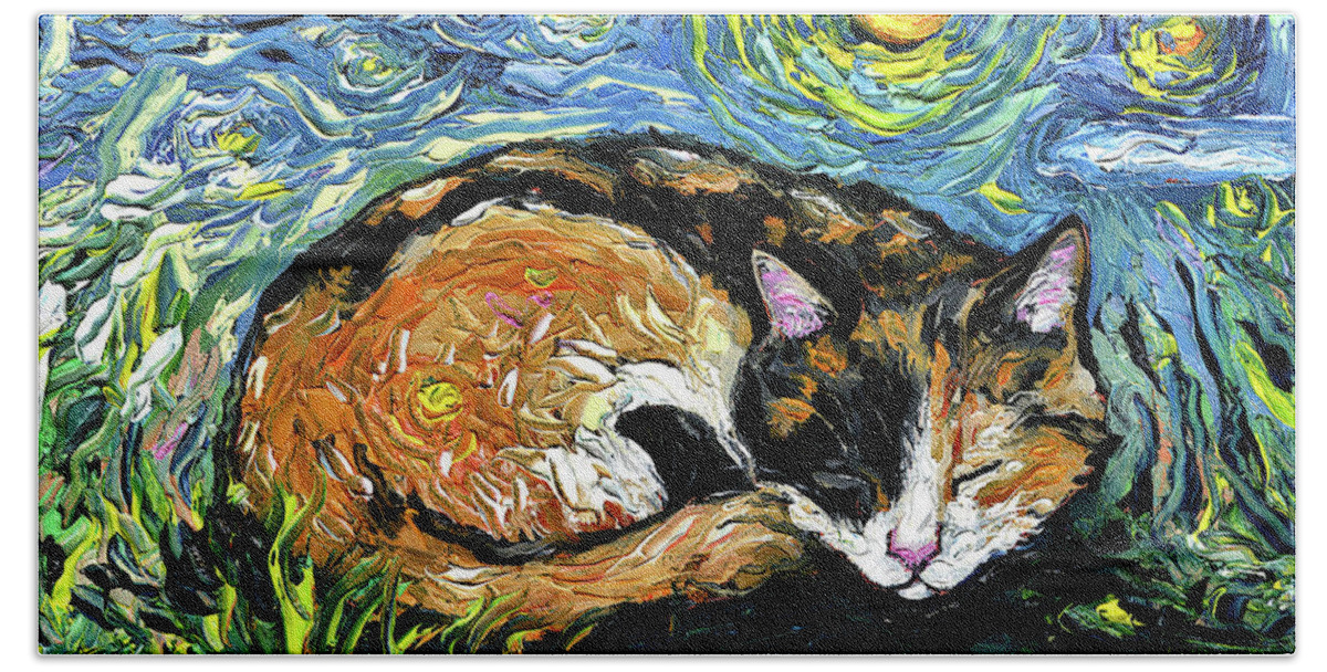 Calico Beach Towel featuring the painting Sleepy Calico Night by Aja Trier