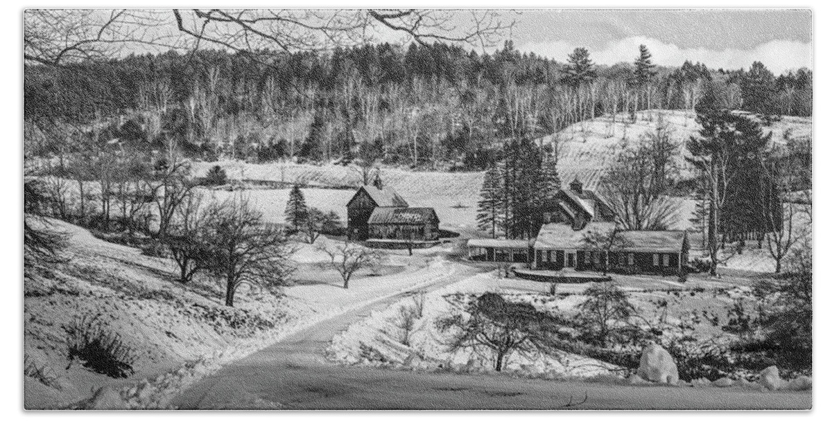 Pomfret Beach Towel featuring the photograph Sleepy Hollow farm in Winter Snow Pomfret VT Woodstock Black and White by Toby McGuire