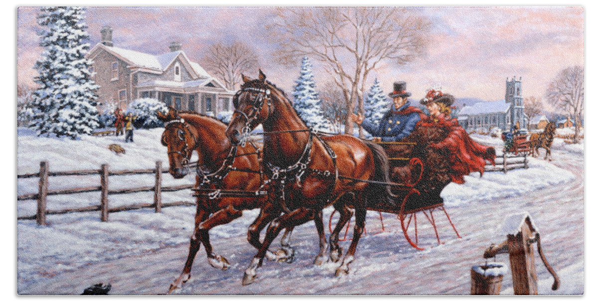 Christmas Beach Towel featuring the painting Sleigh Ride by Richard De Wolfe
