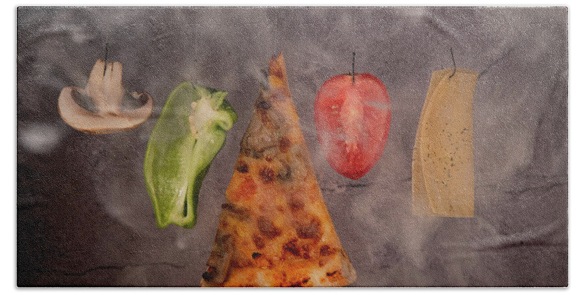 Pizza Beach Towel featuring the photograph Slice of mozzarella pizza tomato cheese peeper and mushroom ingredients by Michalakis Ppalis