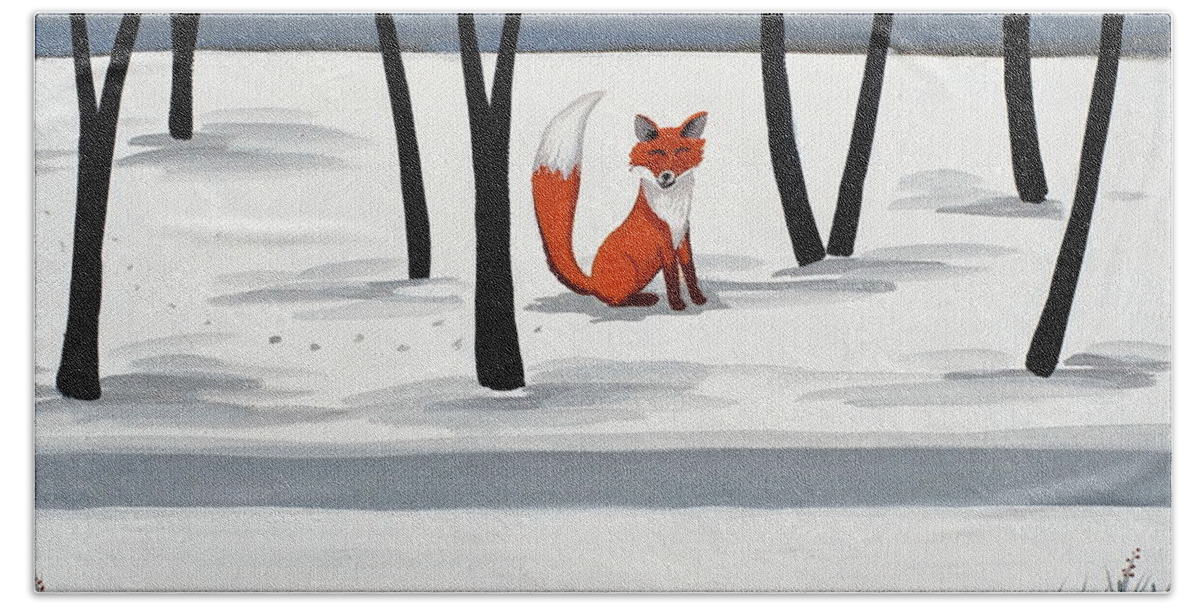 Fox Beach Towel featuring the painting Smiling Fox  woodland animal cute by Debbie Criswell