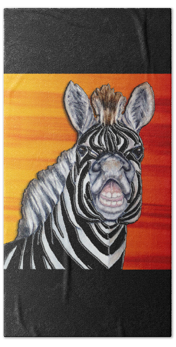 Zebra Beach Towel featuring the mixed media Smiling Zebra in Orange by Kelly Mills