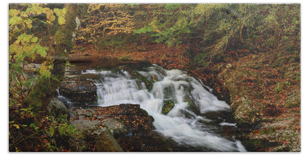 Smoky Mountains Waterfall In Autumn Beach Towel featuring the photograph Smoky Mountains Waterfall In Autumn by Dan Sproul