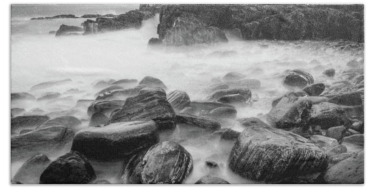 Waves Crashings Beach Towel featuring the photograph Smooth Ocean Waters Over The Rocks Below Portland Head Lighthouse - Black and White by Gregory Ballos