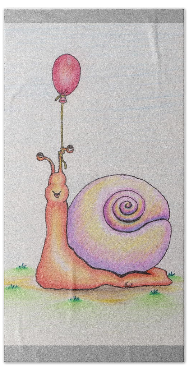 Snail Beach Towel featuring the drawing Snail With Red Balloon by Vicki Noble