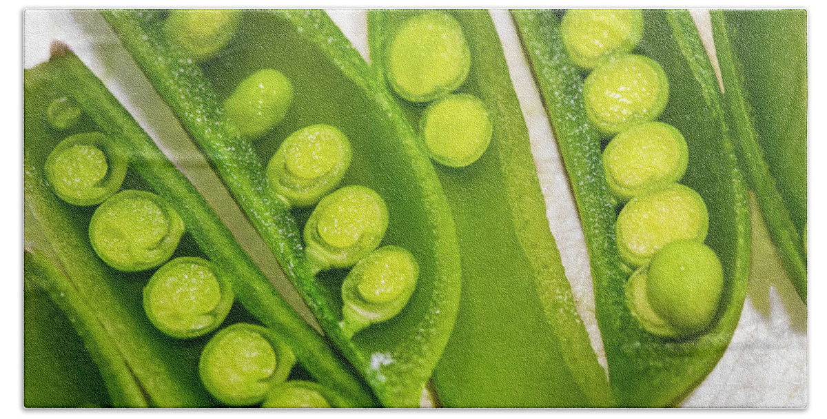 Snap Peas Beach Towel featuring the photograph Snap Peas by Karen Smale