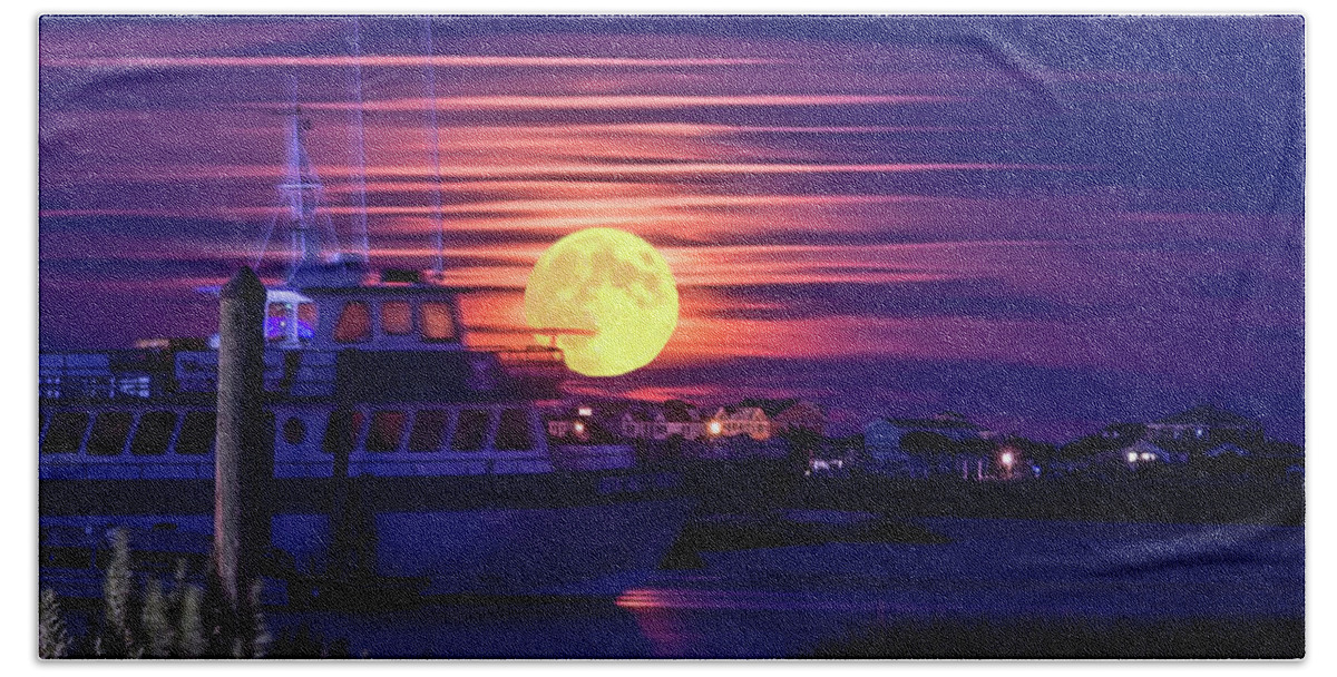 Murriels Inlet Beach Sheet featuring the photograph Snow Moon at Marina by Joe Granita