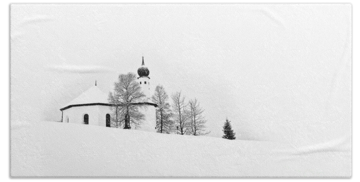 Cozy Snow Winter Austria White Trees Church Stylish Contemporary Conceptual Christmas Atmospheric Peaceful Beautiful Delightful Delicate Gentle Soft Snowdrifts Painterly Graphical Black Mono B&w Minimal Minimalist Minimalism Simplistic Simple Attractive Restful Relaxing Drawing Graphics Covered Xmas Season Greetings Enjoyable Cold Freezing Warm Calm Card Tranquility Relaxation Serene Singular Scenery View Magical Fairy Tale Elements Poetic Artistic Tranquility Snowing Snowfall Spiritual Inspire Beach Towel featuring the photograph Snow, Cosy Snow, White Christmas by Tatiana Bogracheva