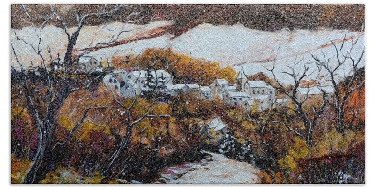 Landscape Beach Towel featuring the painting Snow in October by Pol Ledent