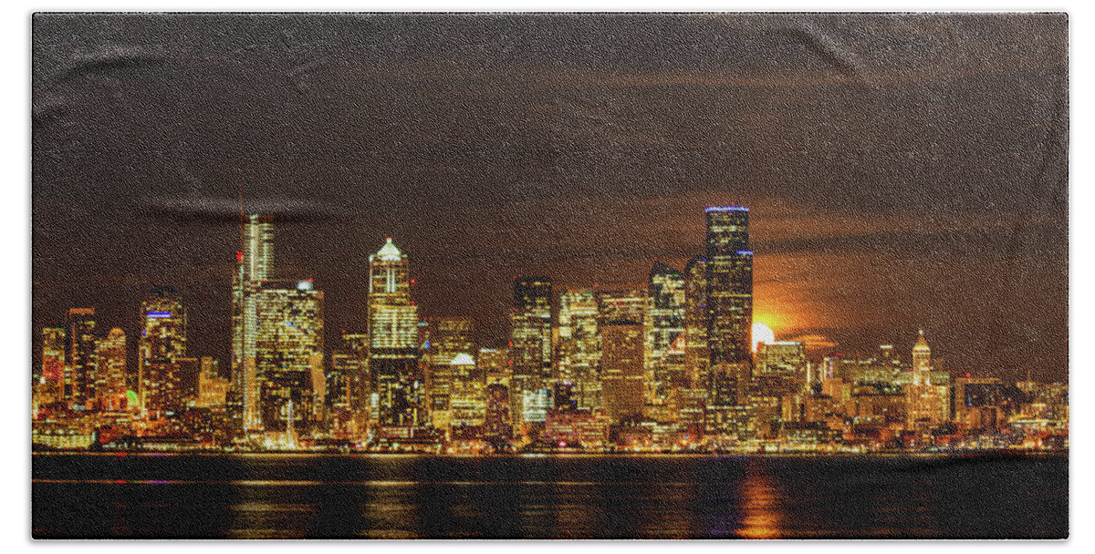 Outdoor; Downtown; Night; Reflections; Seattle;skyline; High Rise; Skyscrapers; Moon; Snow Moon; 2020; Winter; February; Colors; Beach Towel featuring the digital art Snow Moon by Michael Lee