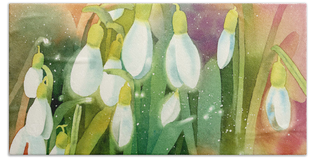 Snowdrops Beach Towel featuring the painting Snowdrops - Magical Lanterns by Espero Art