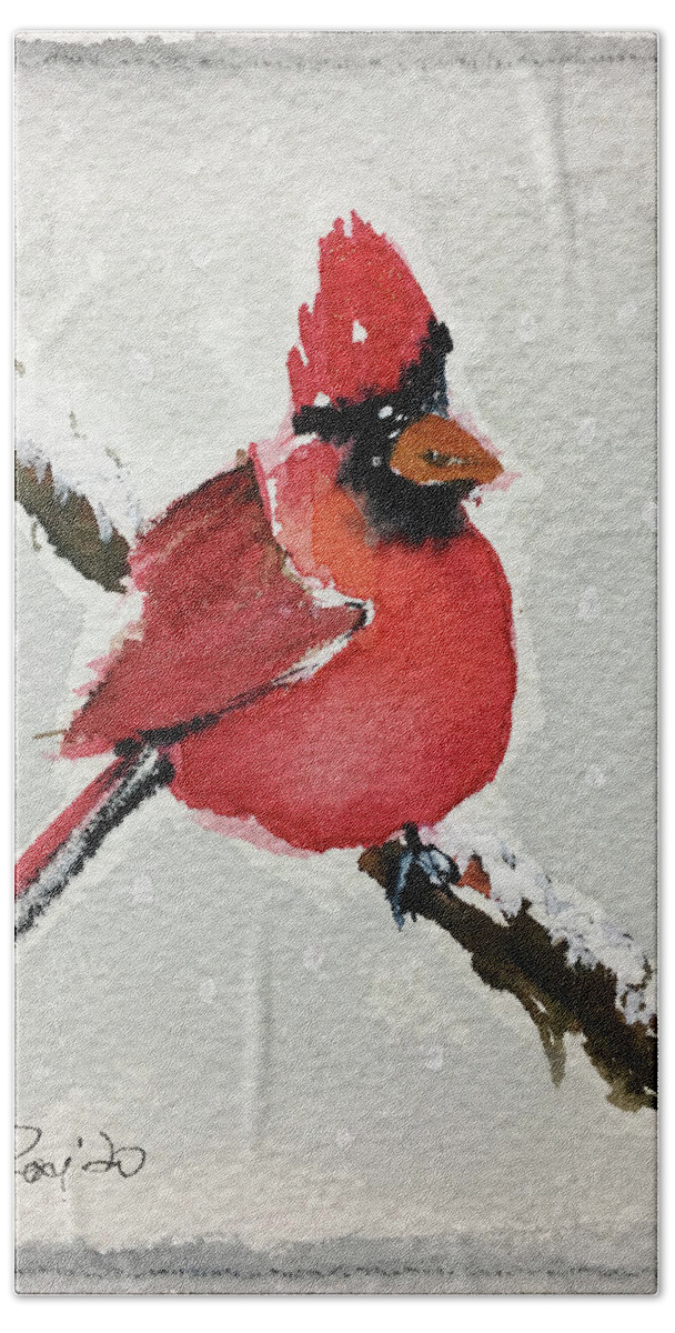 Grand Tit Beach Towel featuring the painting Snowy Cardinal by Roxy Rich