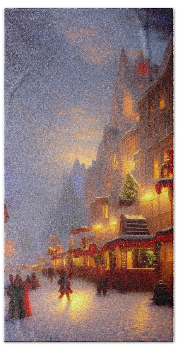 Digital Christmas Snow Shopping Beach Towel featuring the digital art Snowy Christmas Shopping by Beverly Read