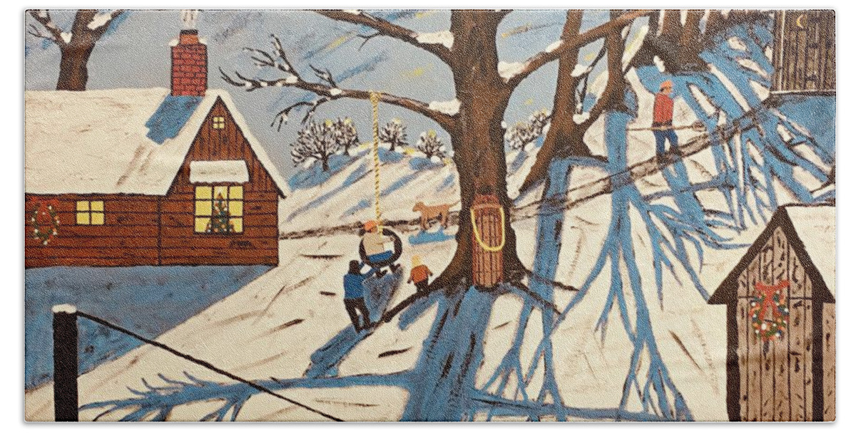 Cabin Beach Towel featuring the painting  Winter Country Christmas by Jeffrey Koss