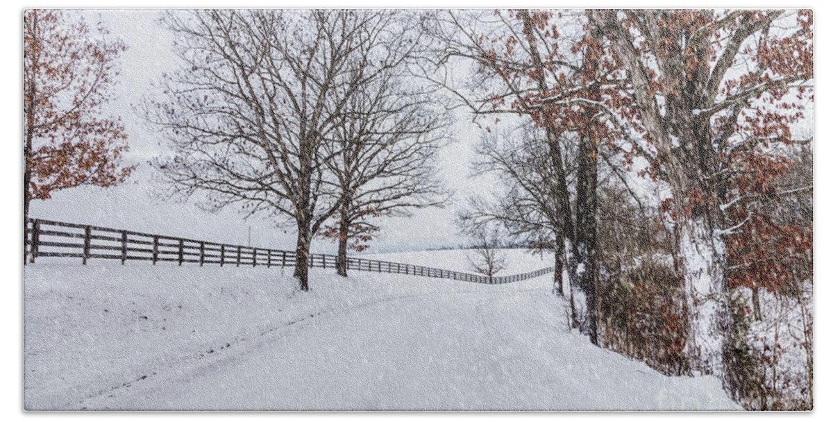 Winter Beach Towel featuring the photograph Snowy Country Drive by Jennifer White