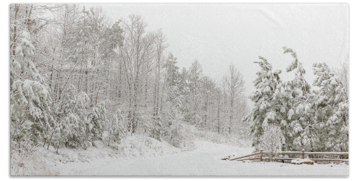 Fence Beach Towel featuring the photograph Snowy Country Road by Joni Eskridge