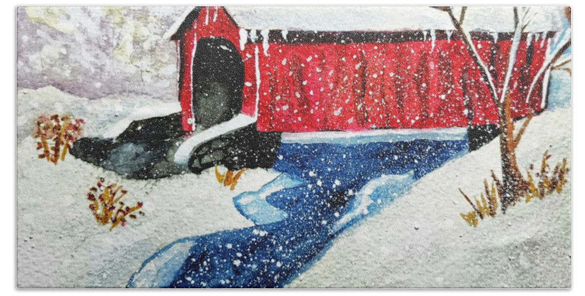 Snowy Beach Towel featuring the painting Snowy Covered Bridge by Shady Lane Studios-Karen Howard