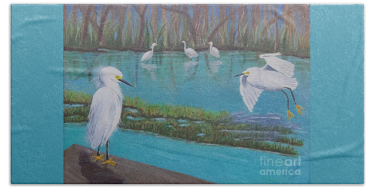 Snowy Beach Towel featuring the painting Snowy Egrets by Elizabeth Mauldin