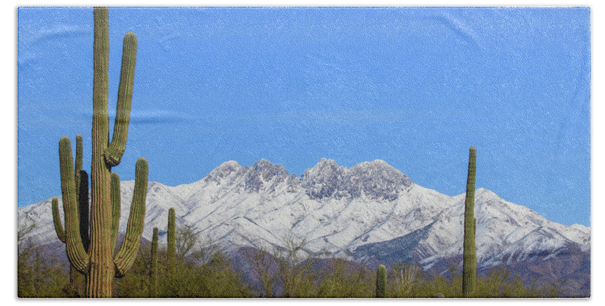 2021 Beach Towel featuring the photograph Snowy Four Peaks by Dawn Richards