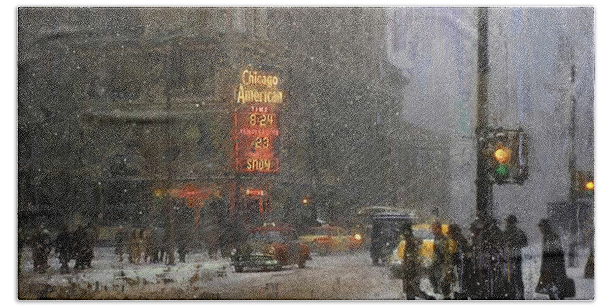Chicago Beach Towel featuring the mixed media Snowy Morning - Chicago American 1952 by Glenn Galen