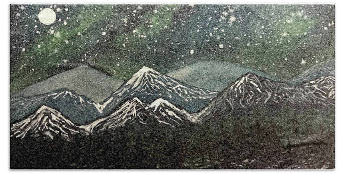 Snowy Mountains Beach Towel featuring the painting Snowy Mountains with Aurora by Lisa Neuman