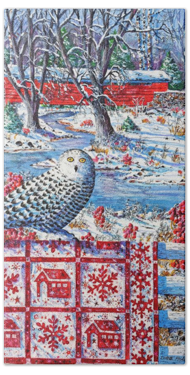 Winter Scene Of Covered Bridge And Snowy Owl With Red Covered Bridge And Snowflake Quilt. Beach Towel featuring the painting Snowy Owl Visitor by Diane Phalen
