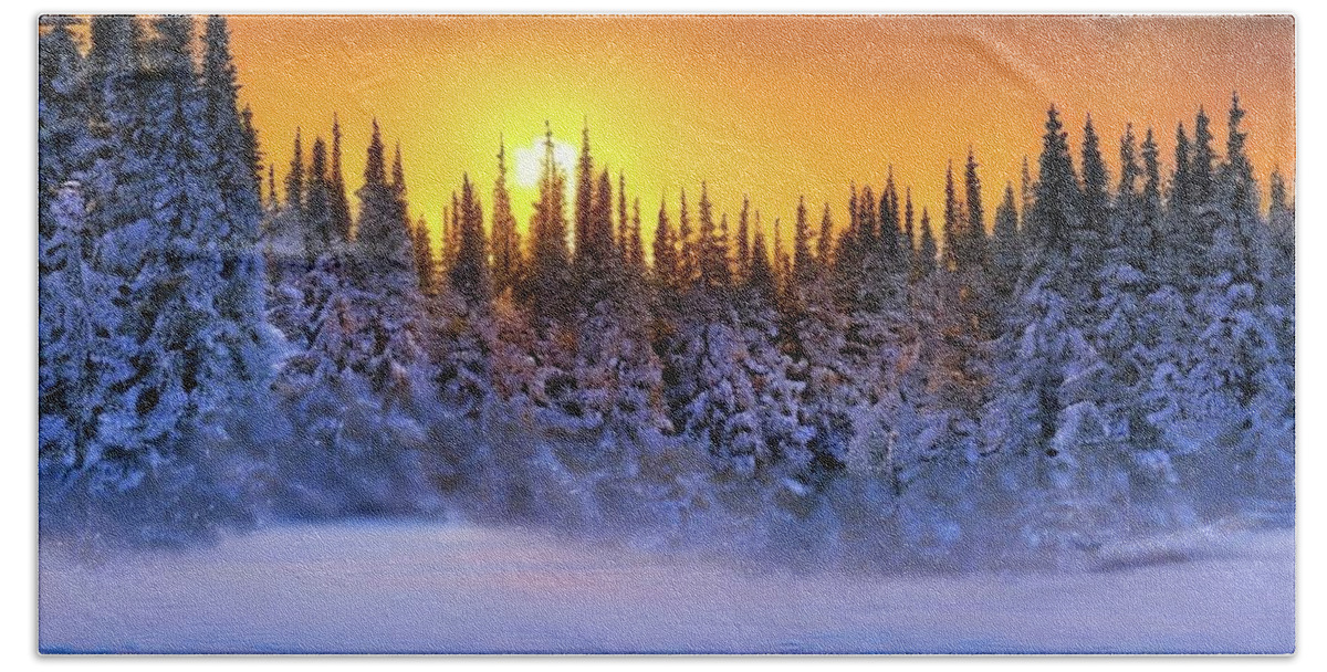 Winter Beach Towel featuring the photograph Snowy Sunset in the Hills by Ally White