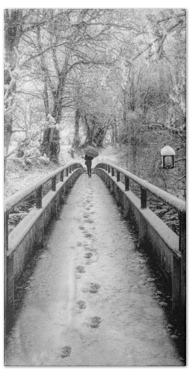 Bridge Beach Towel featuring the photograph Snowy Walk in Black and White by Debra and Dave Vanderlaan